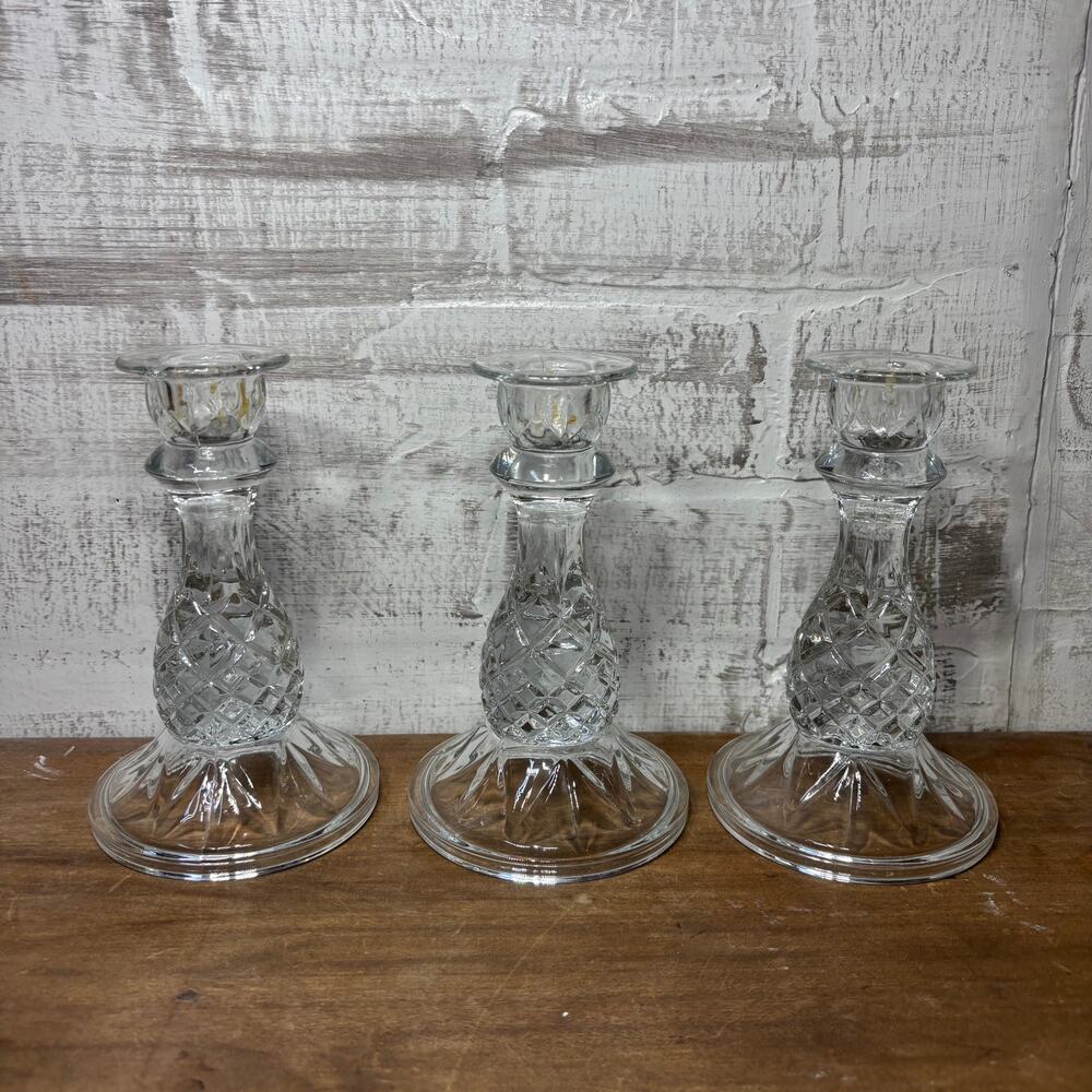 Set of 3 Clear Glass Candlestick Holders